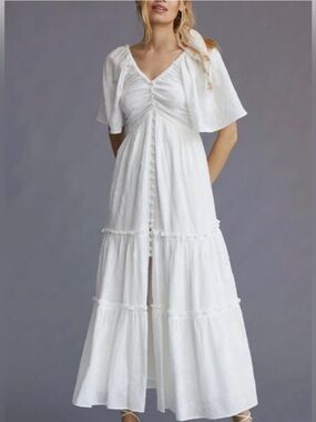 ANTHROPOLOGIE white tiered maxi dress S XS